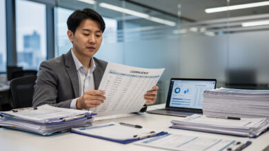 Compliance officer reviewing AI training data documentation at Seoul tech company desk with regulatory documents