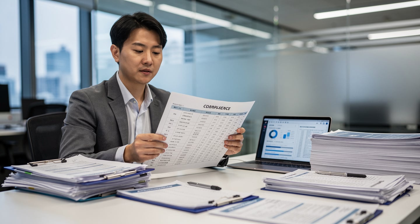 Compliance officer reviewing AI training data documentation at Seoul tech company desk with regulatory documents