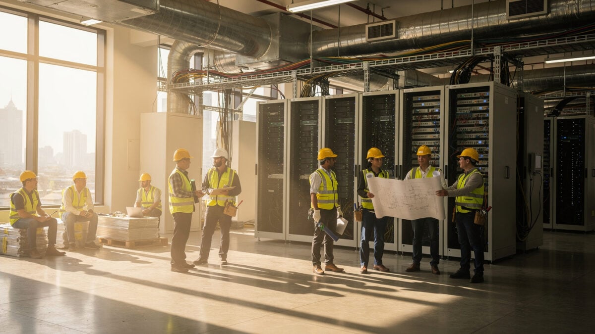 Construction workers pausing at Bangkok data centre facility with server equipment and cooling systems visible