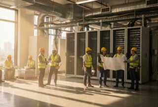 Construction workers pausing at Bangkok data centre facility with server equipment and cooling systems visible