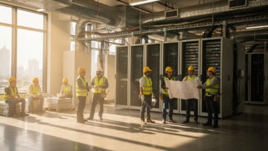 Construction workers pausing at Bangkok data centre facility with server equipment and cooling systems visible