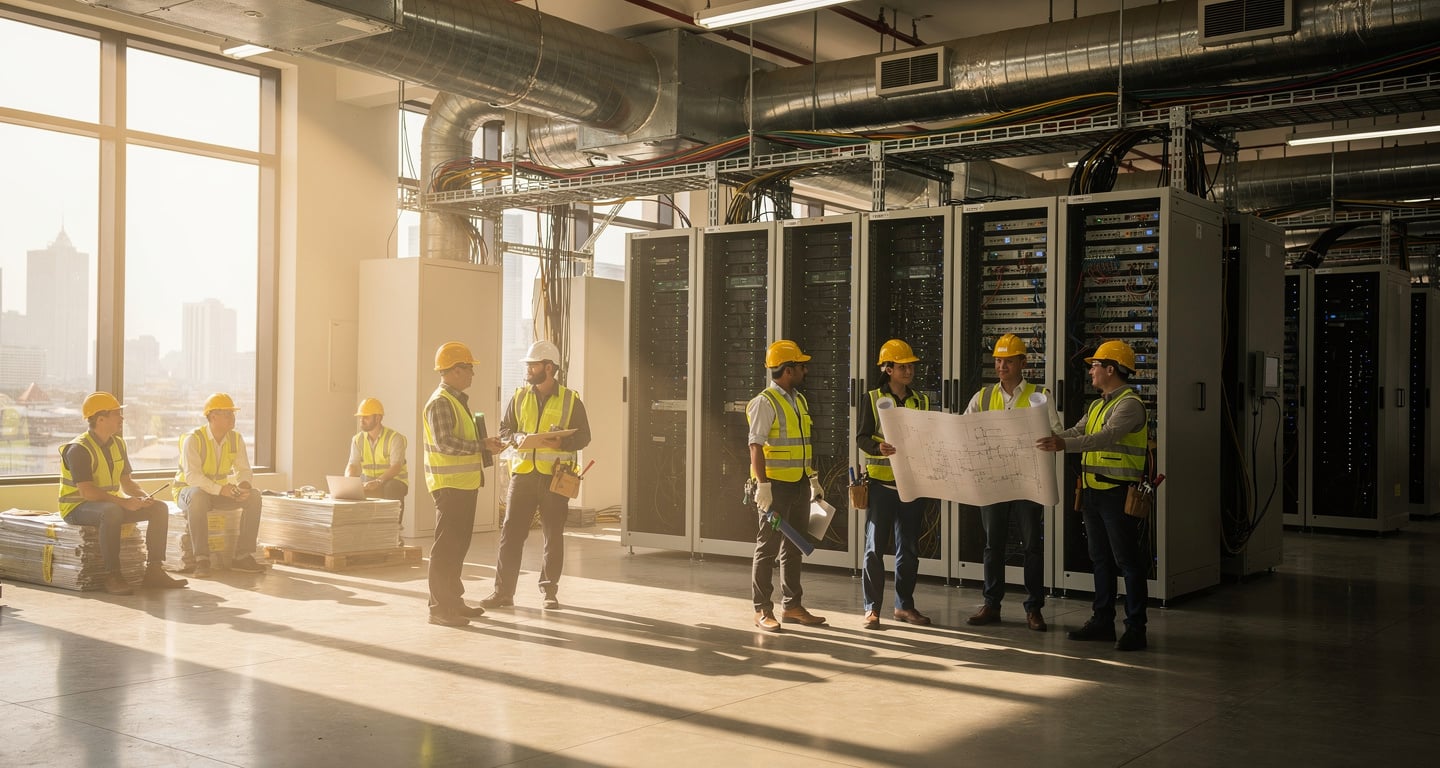 Construction workers pausing at Bangkok data centre facility with server equipment and cooling systems visible