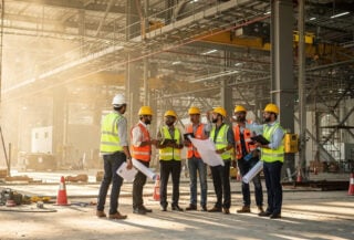 Construction workers inspecting semiconductor fab framework at Dholera, Gujarat site