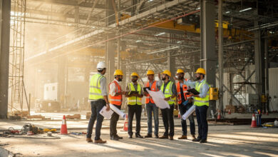 Construction workers inspecting semiconductor fab framework at Dholera, Gujarat site