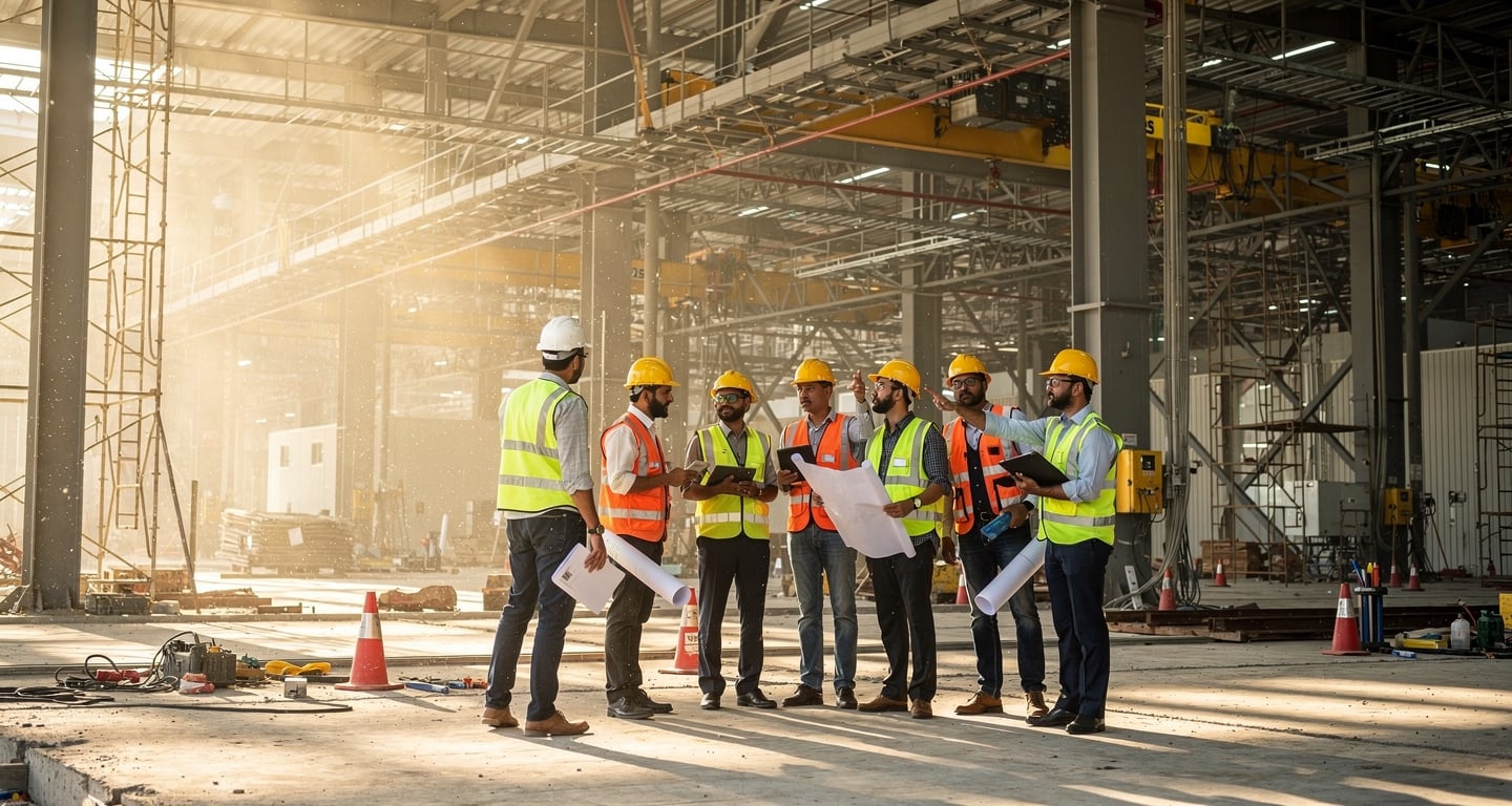 Construction workers inspecting semiconductor fab framework at Dholera, Gujarat site