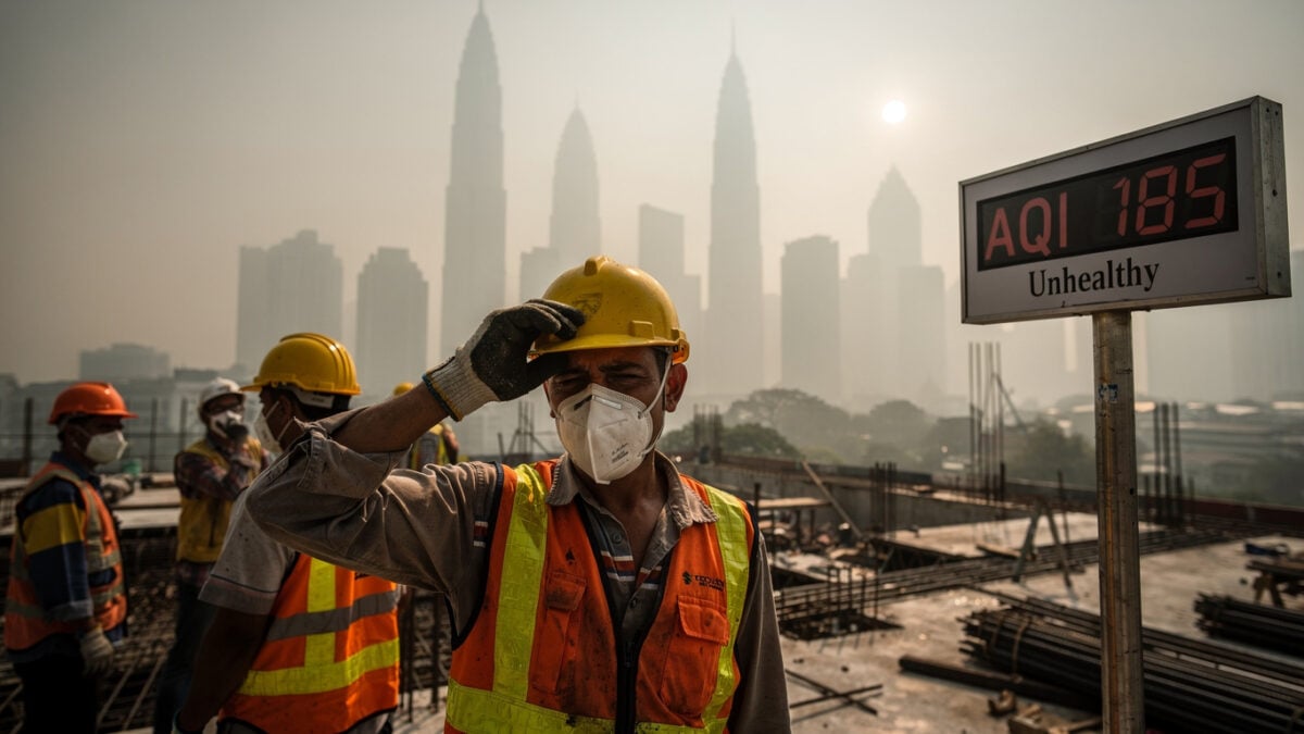 Construction workers in masks on hazy Kuala Lumpur site, one wiping sweat, midday light