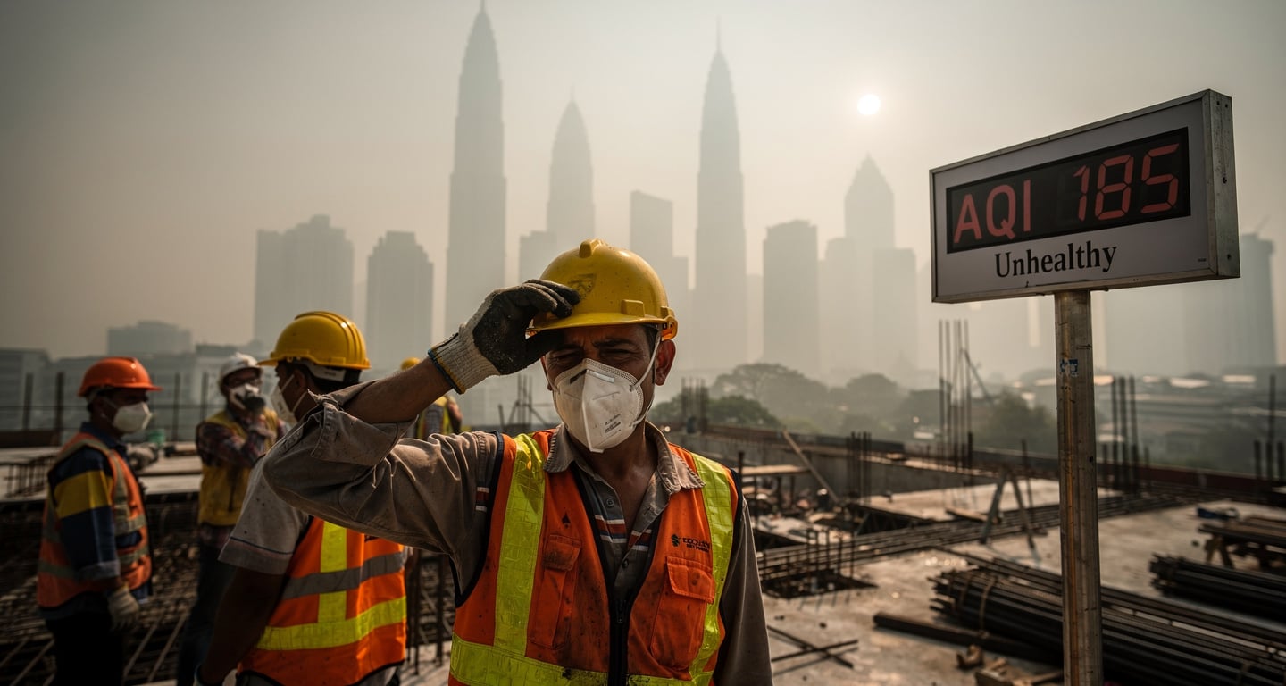 Construction workers in masks on hazy Kuala Lumpur site, one wiping sweat, midday light