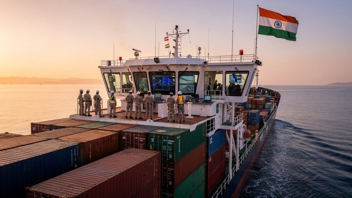 Container ship with Indian flag navigating Red Sea waters, crew monitoring deck instruments at dawn
