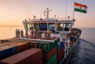 Container ship with Indian flag navigating Red Sea waters, crew monitoring deck instruments at dawn