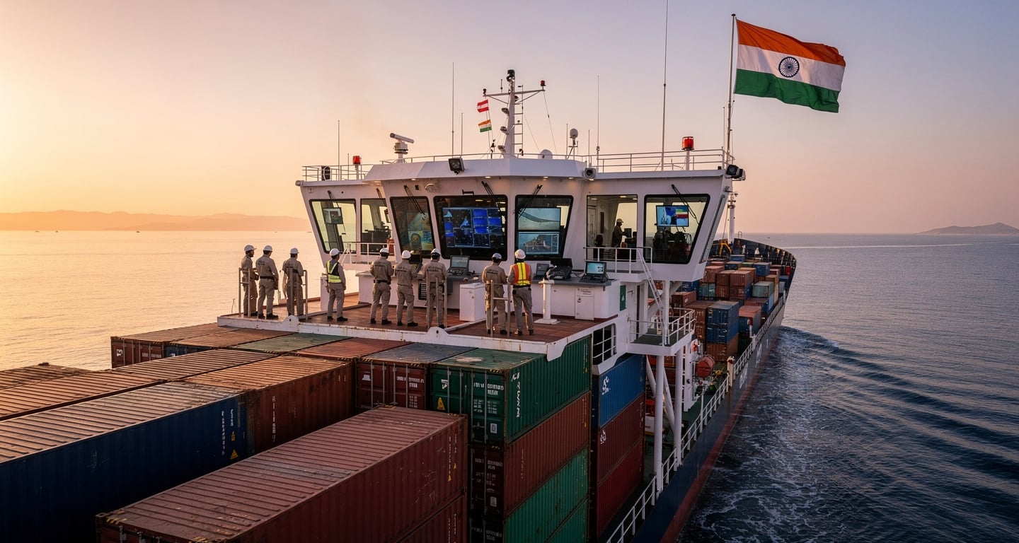 Container ship with Indian flag navigating Red Sea waters, crew monitoring deck instruments at dawn