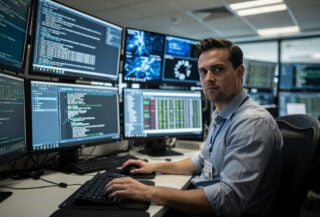 Cybersecurity analyst examining forensic logs on multiple screens in Australian government operations centre