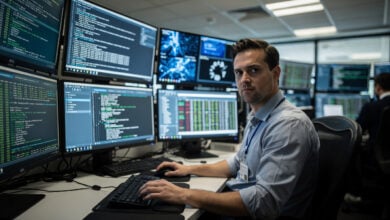 Cybersecurity analyst examining forensic logs on multiple screens in Australian government operations centre