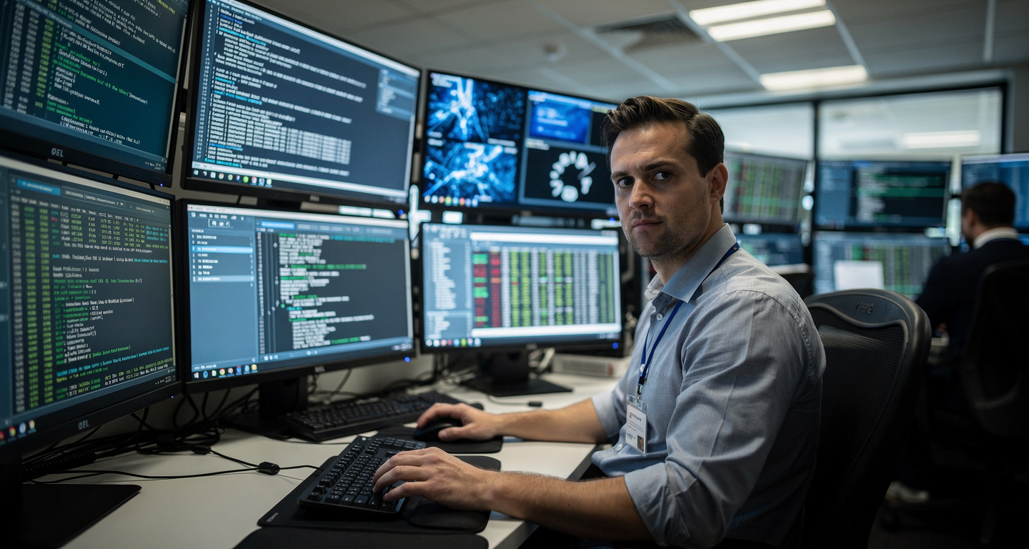 Cybersecurity analyst examining forensic logs on multiple screens in Australian government operations centre