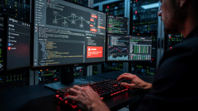 Cybersecurity analyst monitoring suspicious API traffic on data center screens with server racks in background
