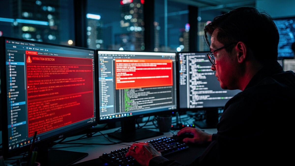 Cybersecurity analyst monitoring red security alerts on multiple screens, Seoul tech office, blue screen lighting