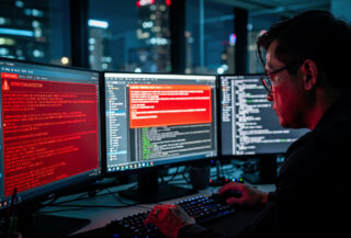 Cybersecurity analyst monitoring red security alerts on multiple screens, Seoul tech office, blue screen lighting