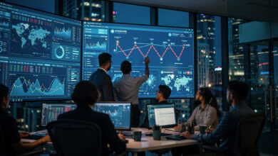 Data analysts monitoring flagged transaction chains on screens in Singapore fintech operations centre