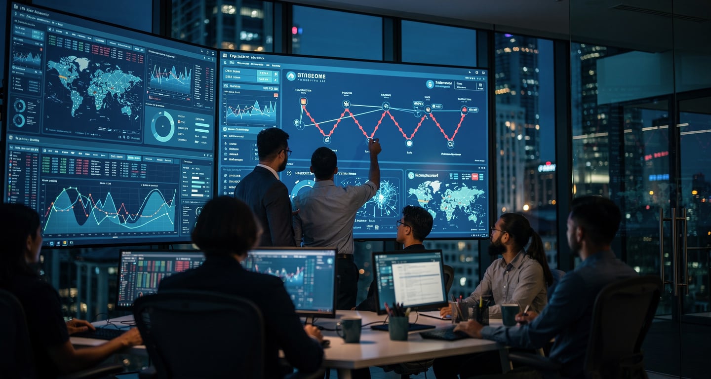 Data analysts monitoring flagged transaction chains on screens in Singapore fintech operations centre