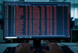 Database administrator reviewing exposed Elasticsearch cluster alerts on screen in operations center