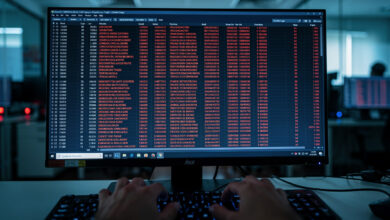 Database administrator reviewing exposed Elasticsearch cluster alerts on screen in operations center