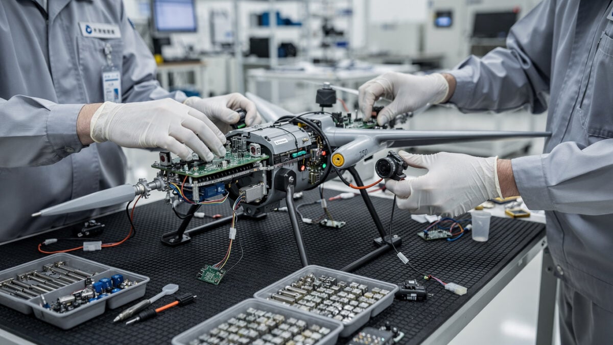 Defense engineers assembling reconnaissance drone in Taiwanese manufacturing facility under bright workshop lighting