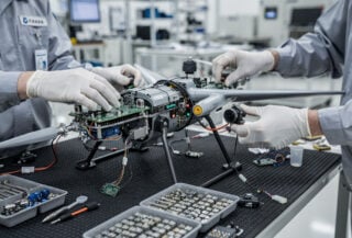 Defense engineers assembling reconnaissance drone in Taiwanese manufacturing facility under bright workshop lighting
