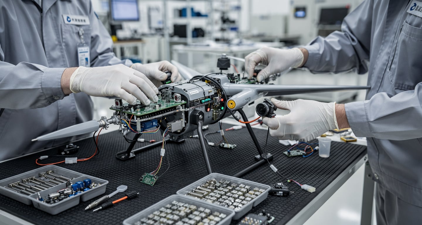 Defense engineers assembling reconnaissance drone in Taiwanese manufacturing facility under bright workshop lighting