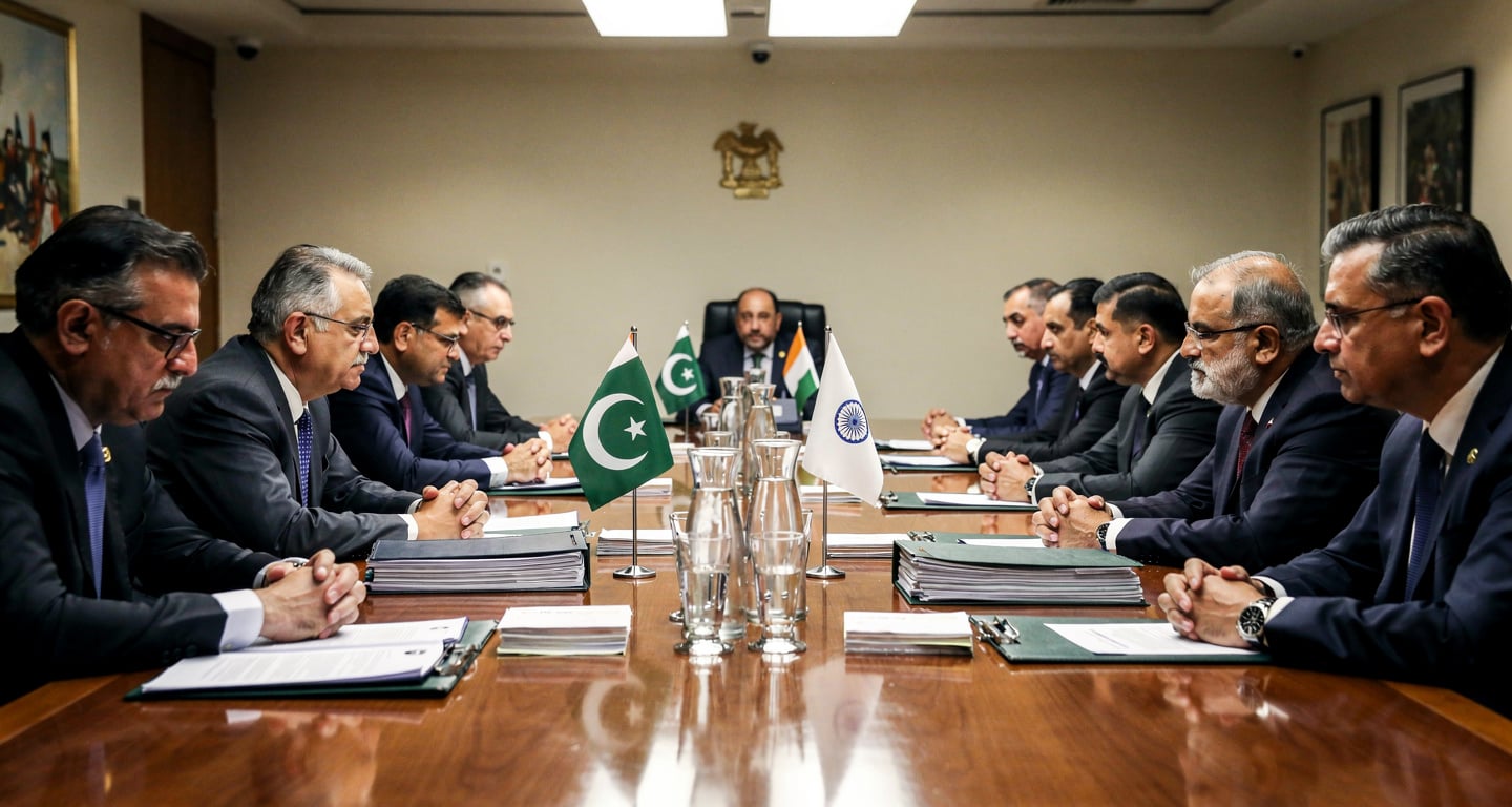 Diplomats from India and Pakistan at a formal negotiation table, tension evident in their body language