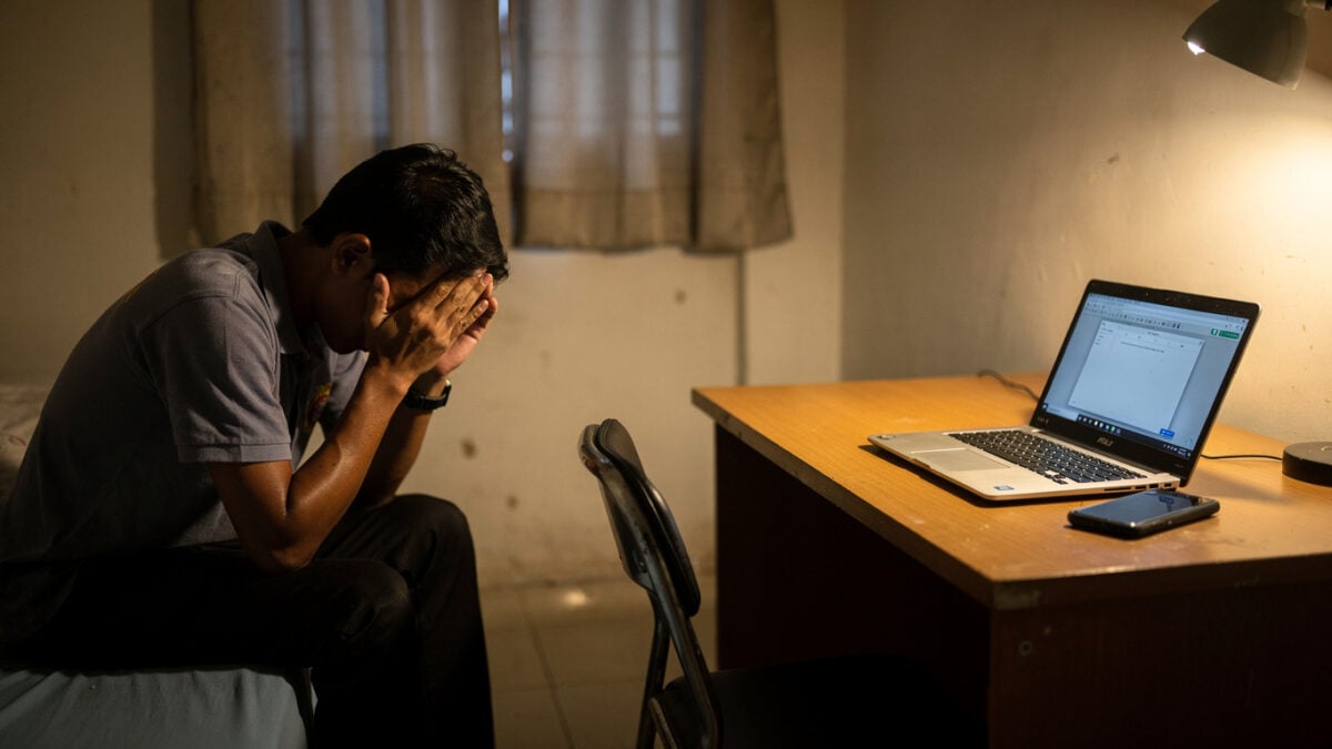 Distressed migrant worker in sparse apartment with laptop, head in hands, representing trafficking victims