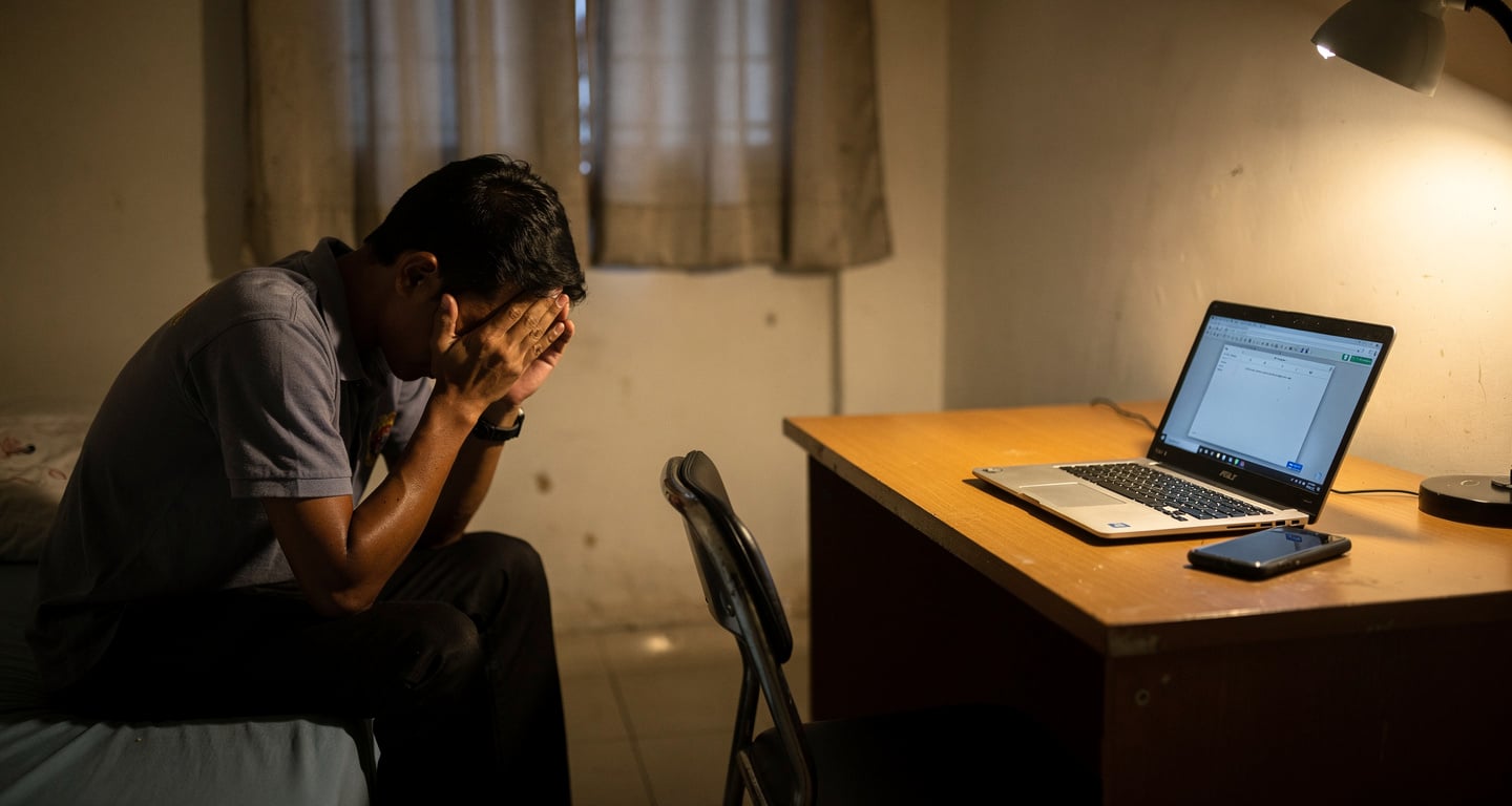 Distressed migrant worker in sparse apartment with laptop, head in hands, representing trafficking victims