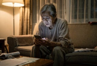 Elderly Hong Kong woman examining smartphone with concerned expression at home