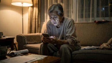 Elderly Hong Kong woman examining smartphone with concerned expression at home