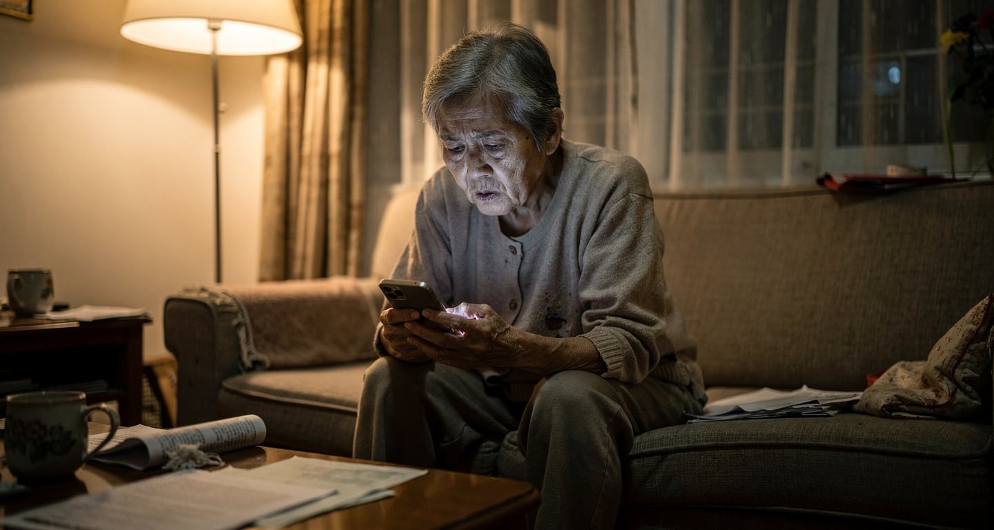 Elderly Hong Kong woman examining smartphone with concerned expression at home