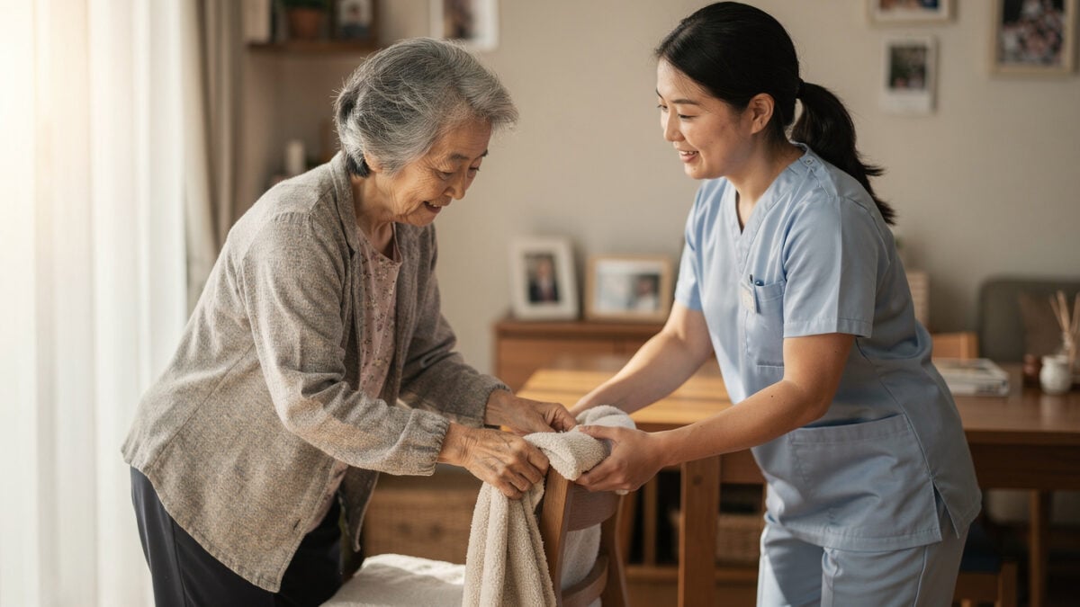 Elderly Japanese woman receiving home care from foreign caregiver in domestic setting, afternoon light