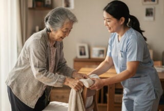 Elderly Japanese woman receiving home care from foreign caregiver in domestic setting, afternoon light