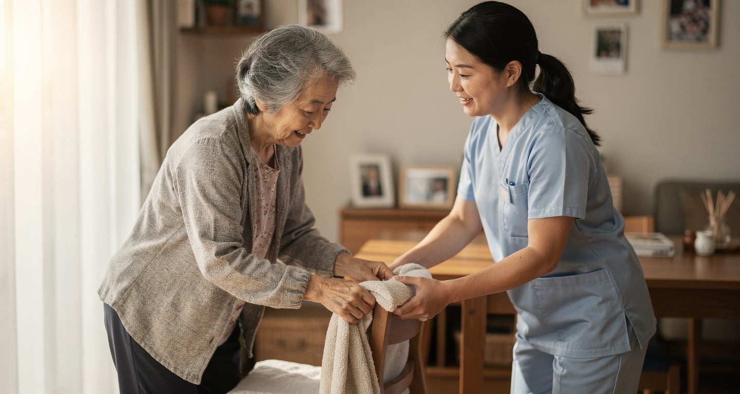Elderly Japanese woman receiving home care from foreign caregiver in domestic setting, afternoon light