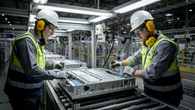 Engineers assembling battery modules on Chinese EV production line, industrial facility lighting