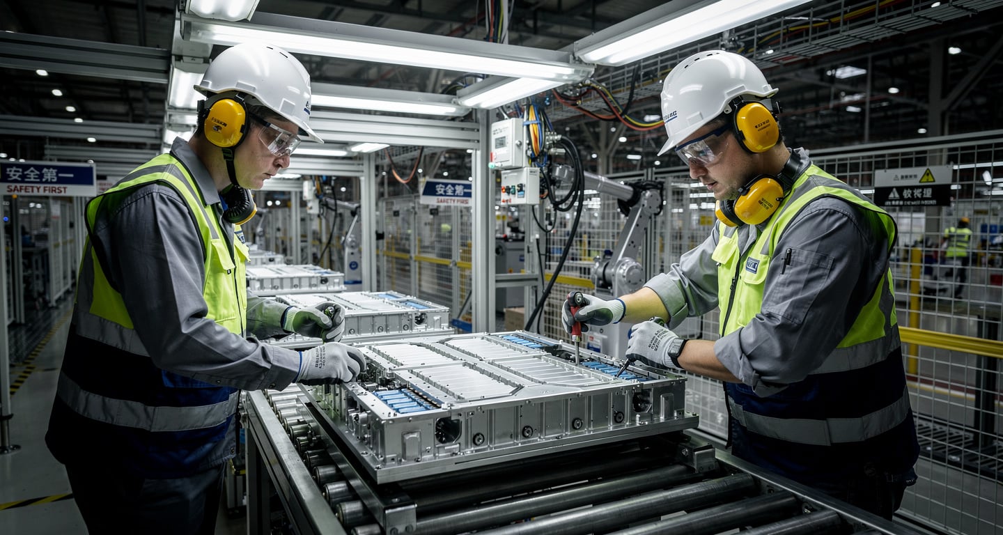 Engineers assembling battery modules on Chinese EV production line, industrial facility lighting
