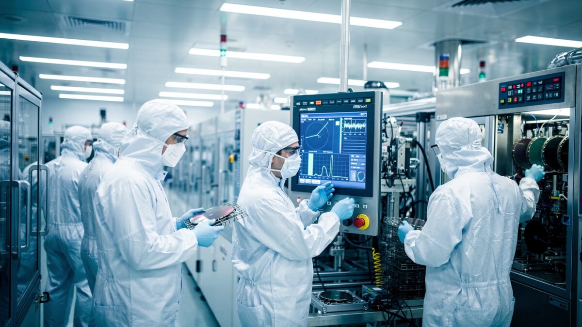 Engineers in cleanroom suits monitoring semiconductor fabrication equipment inside Bengaluru fab facility