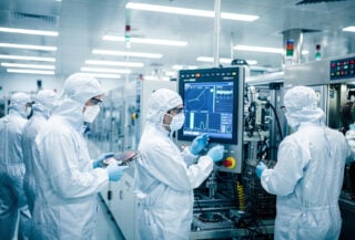 Engineers in cleanroom suits monitoring semiconductor fabrication equipment inside Bengaluru fab facility