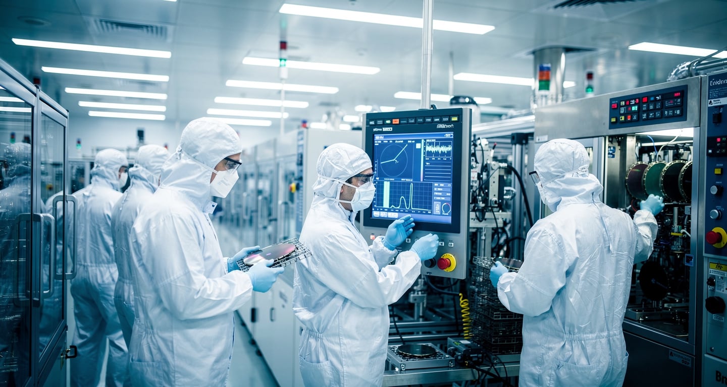 Engineers in cleanroom suits monitoring semiconductor fabrication equipment inside Bengaluru fab facility