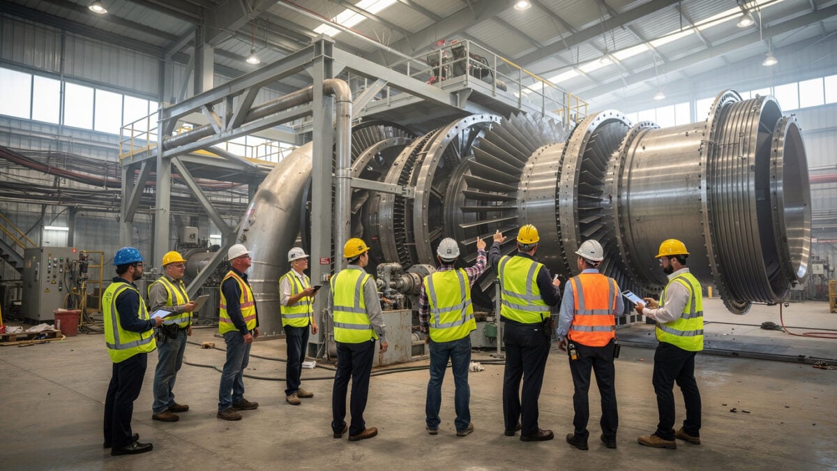 Engineers inspecting natural gas turbine assembly at Texas industrial facility, construction site