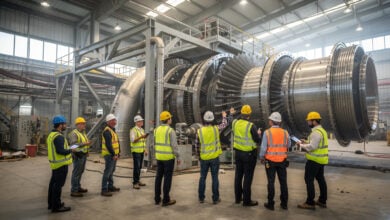 Engineers inspecting natural gas turbine assembly at Texas industrial facility, construction site