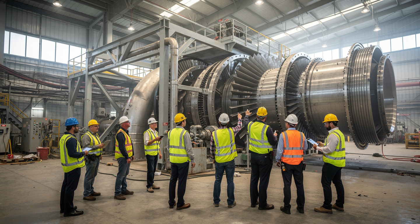 Engineers inspecting natural gas turbine assembly at Texas industrial facility, construction site