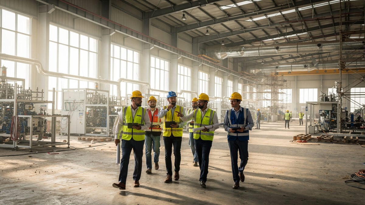 Engineers inspecting semiconductor fab construction site in New Delhi with steel framework and equipment