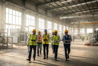 Engineers inspecting semiconductor fab construction site in New Delhi with steel framework and equipment