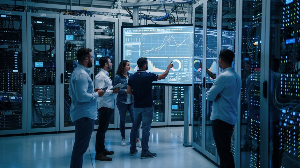 Engineers monitoring AI model performance on screens in a data center server room