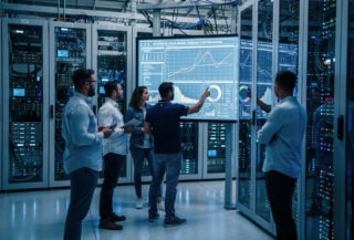 Engineers monitoring AI model performance on screens in a data center server room
