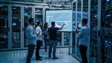 Engineers monitoring AI model performance on screens in a data center server room