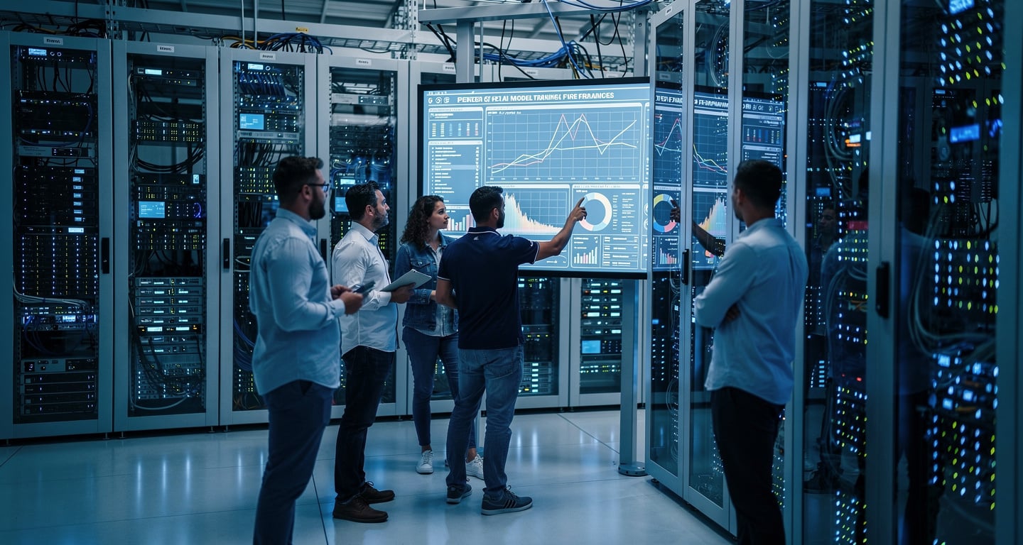 Engineers monitoring AI model performance on screens in a data center server room